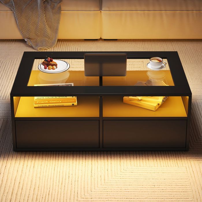 Table basse - WESTYLE - 100x50x35 cm - Plateau verre trempé - 2 tiroirs & 2 étagères - LED intégrées