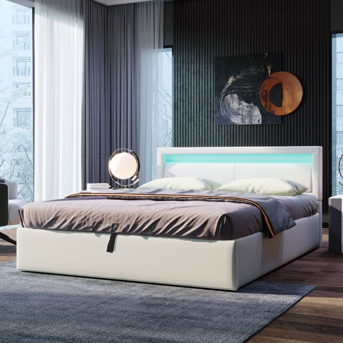 Lit rembourré 140x200 cm avec LED coffre de rangement sommier à lattes et tête de lit blanche
