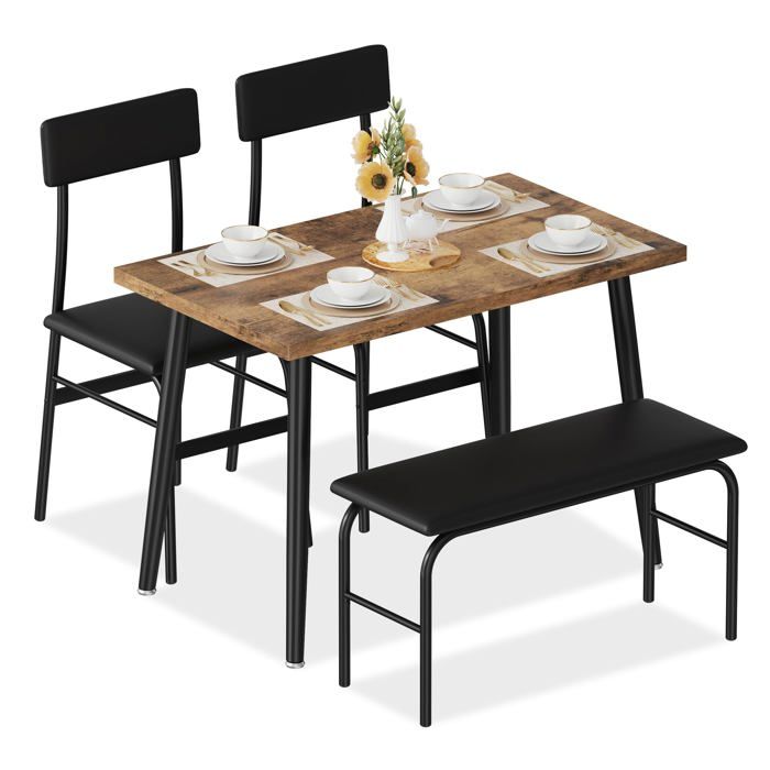 KOIOPLIE Ensemble salle à manger 4 personnes table bois MDF + banc rembourré + 2 chaises cadre métal robuste