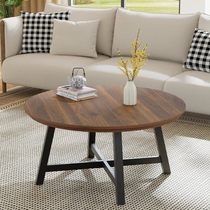 KOIOPLIE Table basse ronde 91 cm style industriel – Plateau effet bois – Piètement métal renforcé avec patins réglables – Marron