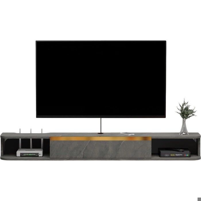 Meuble TV mural suspendu flottant - NIKCORP - 140 cm - Bois composite gris - Charge 27 kg - Rangement câbles