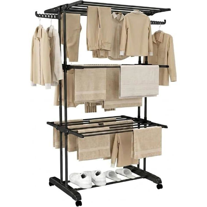 Étendoir Linge Intérieur Pliable Tancarville 3 Niveaux 30 M Noir Séchoir À Linge En Tour Sur Roulettes Crochets Pour Cintres