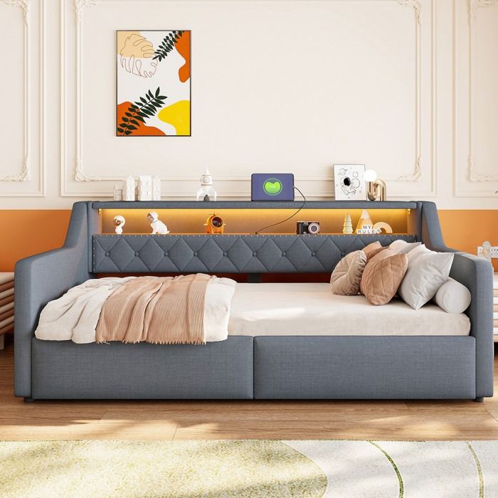 Lit banquette équipé de barre déclairage LED Matelas non inclus Gris 90 × 200 cm Espace de rangement hydraulique