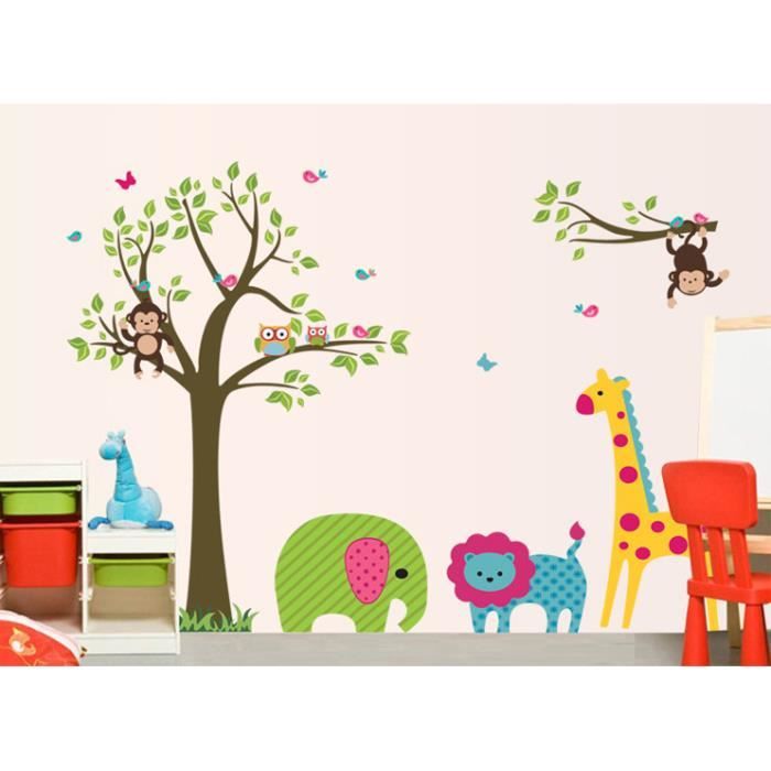 Arbre Colore Et Cartoon Animaux Stickers Muraux Amovibles Decoration Chambre D Enfant Cdiscount Maison