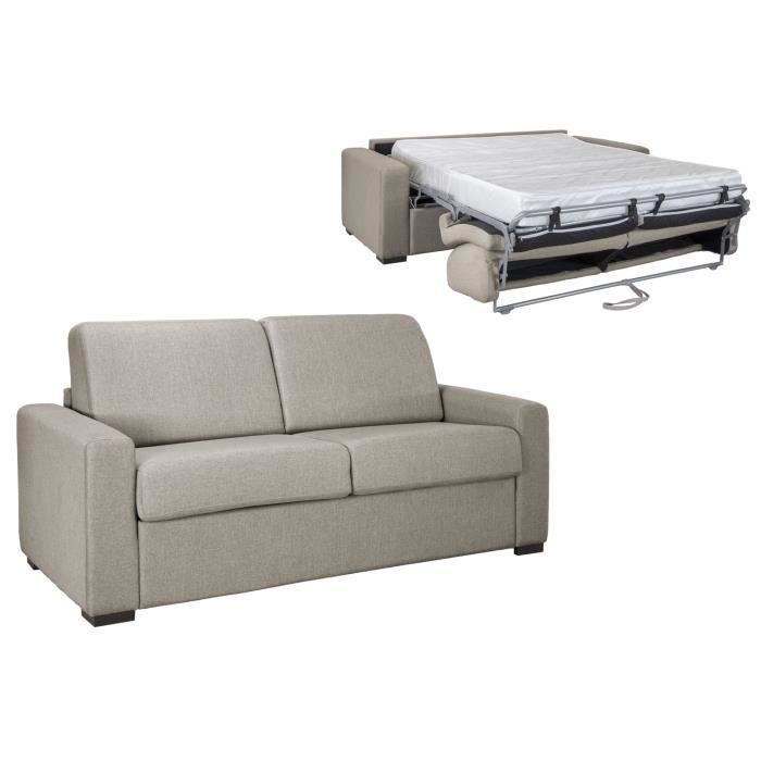 Canapé Convertible 3 Places En Tissu Gris Taupe Ouverture Express Matelas 18 Cm Couchage 2 Personnes