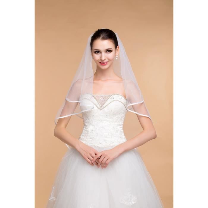 Voile de mariee mariage wedding veil courte une couhe bord a ruban ivoire haute qualite pas cher 1.5M 1M communion blanc