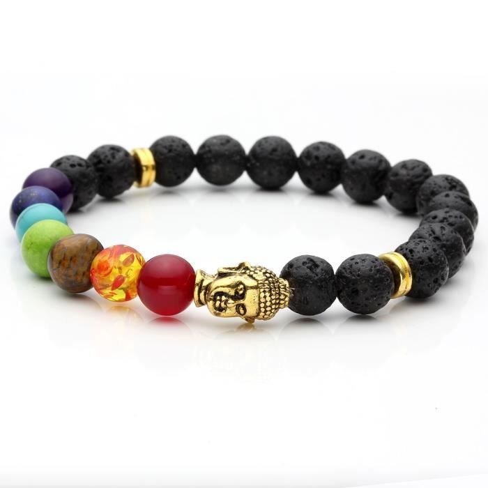 Bracelet Extensible Perles Lave Et Bouddha - Alliage, 9mm, Marron/bleu/noir - Pour Yoga, Méditation, Cadeau Homme/femme