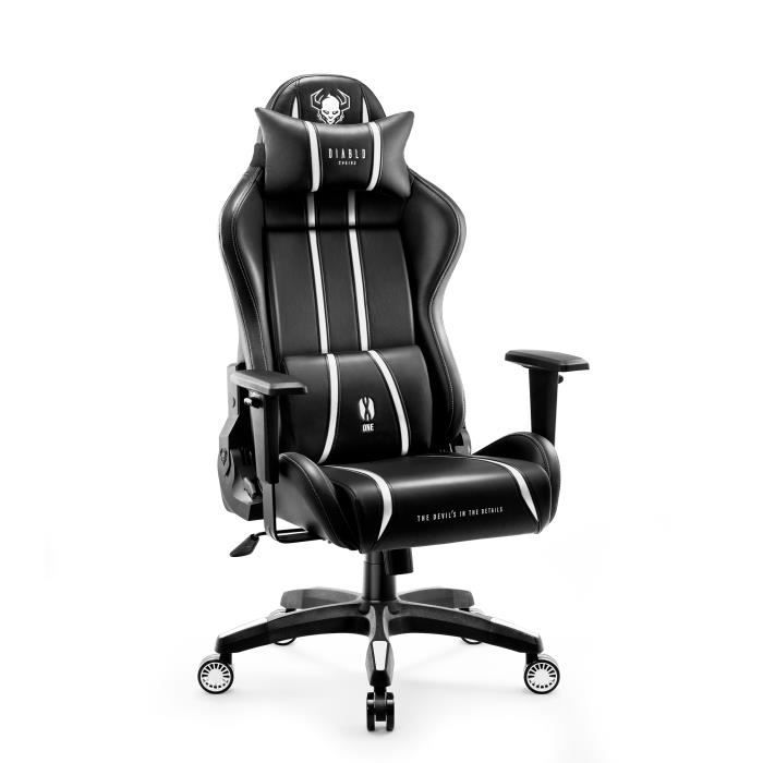 Diablo X-One 2.0 Chaise Gaming Fauteuil de Gamer de Bureau Accoudoirs 1D Skaï Oreiller Cousin Lombaire (Noir-Blanc L)