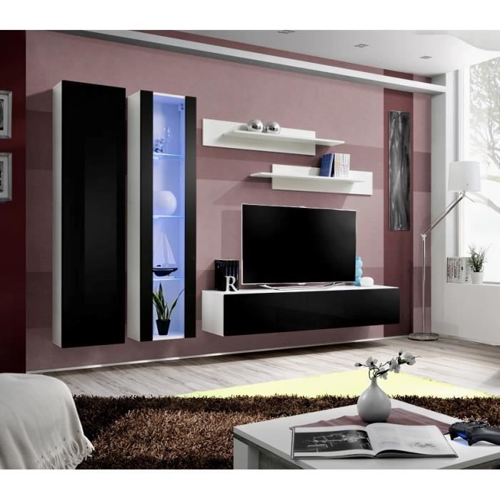 meuble tv mural suspendu fly a4 blanc et noir - price factory - led - 3 portes - 260x190x40cm