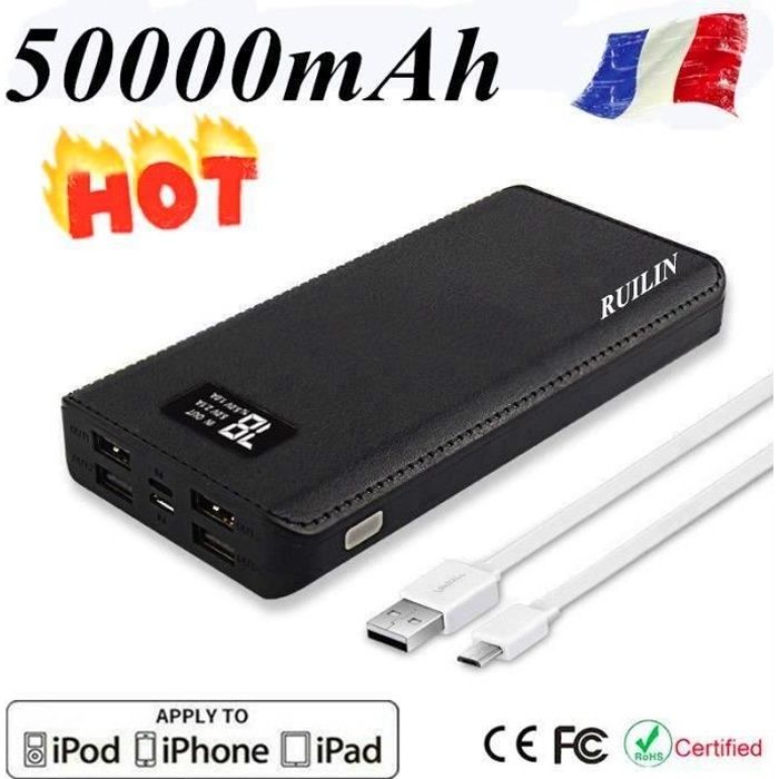 RUILIN®50000mAh Batterie externe portable Écran LCD Charge rapide 4USB pour  tous les téléphones portables (Noir) - Cdiscount Téléphonie