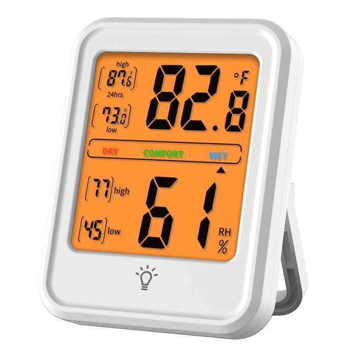 Comparer les prix de Station Météo,Thermometre Interieur Maison pour Greenhouse Basement Babyroom,Hygrometre Intérieur Rétro-éclairage Tactile-Blanc