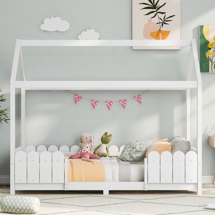 Merax Lit cabane 90x200cm Cadre de Lit Maison Bois Pin Blanc avec Sommier Barrière Sécurité Blanc sans matelas Merax Lit cabane 90x200cm Cadre de Lit Maison Bois Pin Blanc avec Sommier Barrière Sécurité Blanc sans matelas