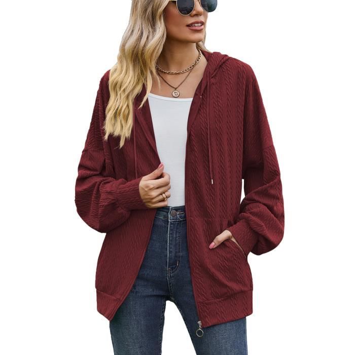 Gilet Zippe Femme Capuche en Tricot Cardigan Manches Longues