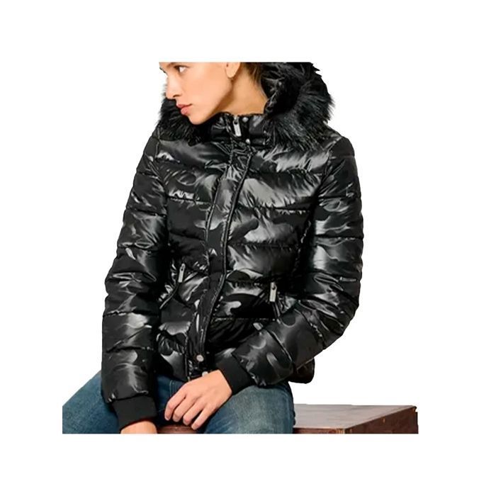 Doudoune Noir Capuche Fourrure Femme Veste Doudoune Courte