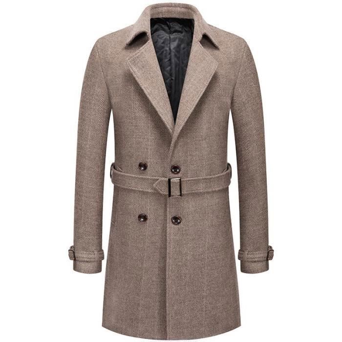 Manteau Homme Laine Mi longue Avec Ceinture Double Boutonnage Pardessus Marque Couleur Kaki Automne Hiver