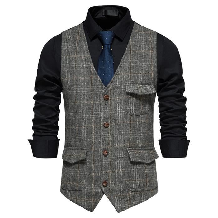 Gilet de Costume Homme a Carreaux Slim Fit Veste Business Sans Manches Col V Pour Mariage Soiree Fete Gris Gris Cdiscount Pret a Porter