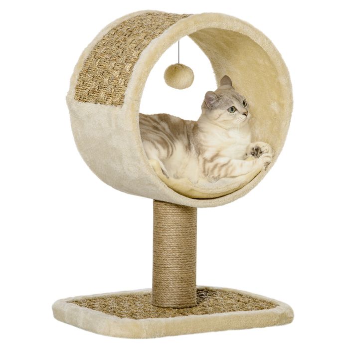 pawhut arbre à chat en cercle avec griffoir en jute et jouet de souris coussin en peluche doux 40 x 30 x 56 cm kaki beige café