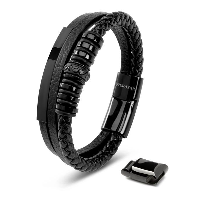 Bracelet en Cuir pour Homme SERASAR B024-17 Noir Bijoux élégants et à la mode cadeau danniversaire parfait pour frère
