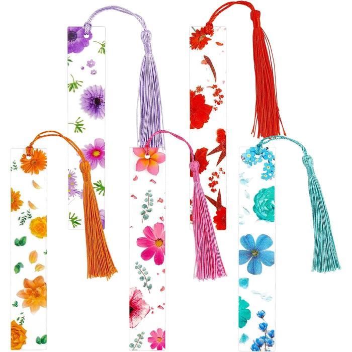 Marque Page Livre - Lot de 2 Marque-Pages en Résine Forme Fleur Séchée, Fleurs Pressées Transparentes avec Pompon pour Lecteurs, Enseignants