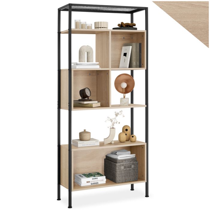 Bibliothèque - TECTAKE - Étagère HASTINGS sur 5 niveaux avec 3 compartiments en bois et acier 75 x 31 x 1705 cm - Bois clair