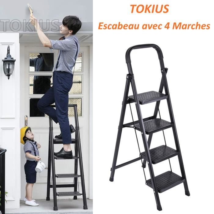 TOKIUS Escabeau à 4 Marches Pliable Échelle en Acier Marchepieds Pliant