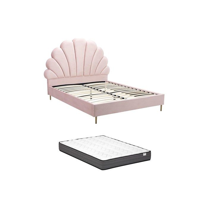 Lit coquillage 140 x 190 cm - Velours - Rose + Matelas - LIVAYA