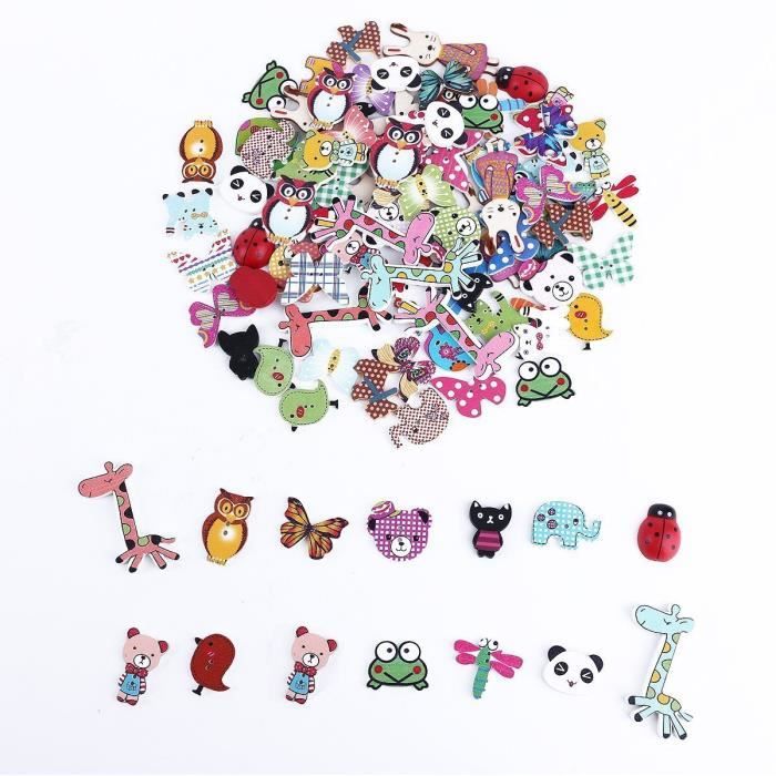 Boîte De 100 Boutons En Bois - 10 Styles Différents (fraise, Fleur, Chat, Cœur…) - Pour Couture, Bricolage Et Déco