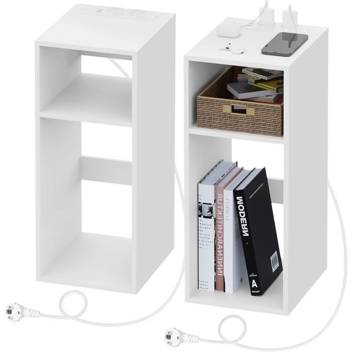 WOLTU 2x Table de Chevet Table d’appoint avec Station de Charge Bout de Canapé 2Ports USB+2Prises 25x30x60cm Blanc W0ETT0118-2