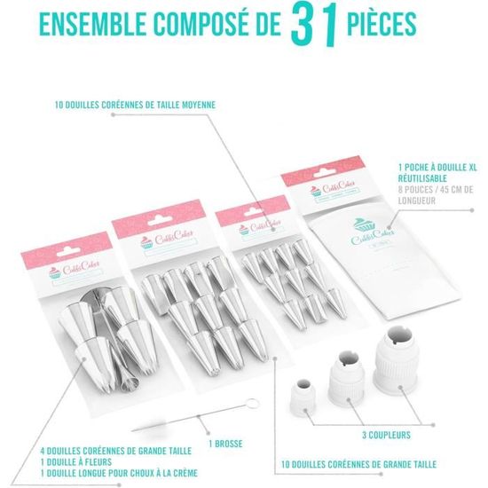 Poche à Douille Pâtisserie 34 Pièces - 2 Douilles Inox + 2 Poches Silicone Réutilisables - Kit Décoration Gâteaux Et Cupcakes