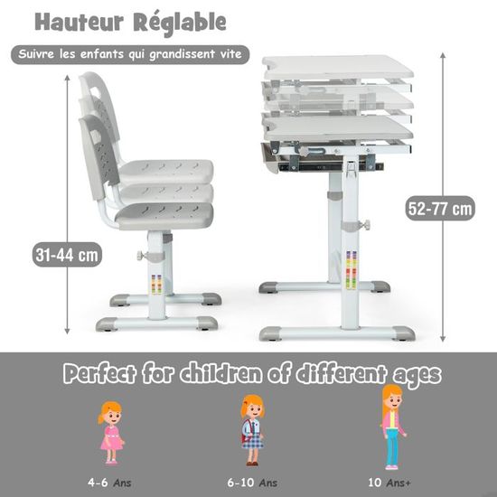 Chaise De Bureau Ergonomique Pour Enfant DREAMADE – Hauteur Réglable, Dossier Ajustable, Repose-pieds, Charge Max 100 Kg (Gris)