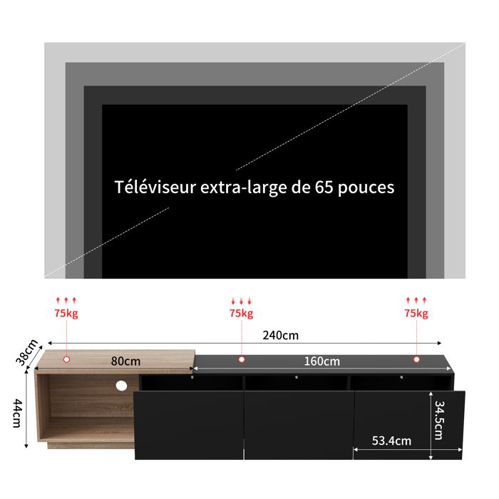 Meuble TV à Longueur Réglable  140-260 Cm  - 3 Portes Abattantes Aspect Marbre Blanc Noir Blanc 90180158