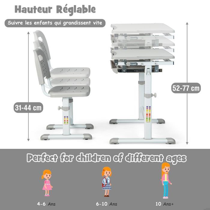 GOPLUS Ensemble Bureau et Chaise pour Enfant avec Hauteur Reglable et Table Inclinable, avec Tiroir et Crochet sur Cote pour Les Sacs a Dos, Encadrement en Fer, Design Ergonomique gris