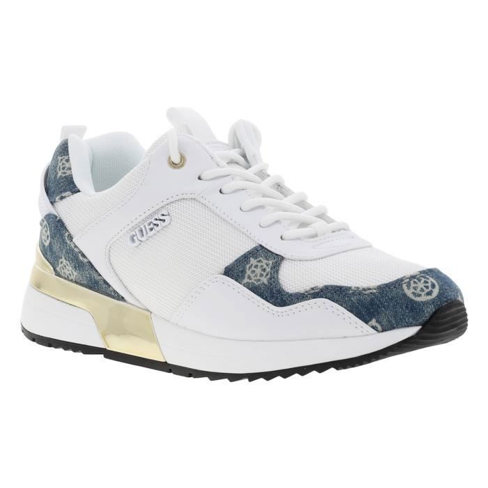 Baskets basses femme a semelle semi compensee Guess Metz blanc Femme Lacets Compense Textile Blanc bleu dore Cdiscount Chaussures
