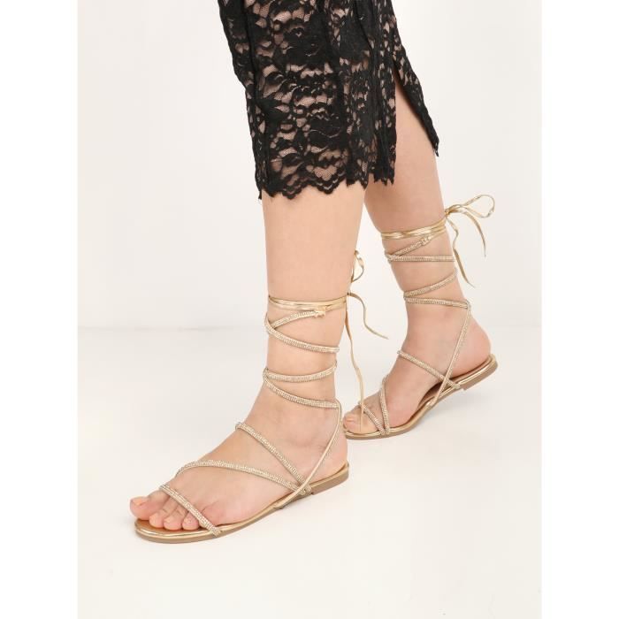 Sandales plates femme LA MODEUSE lacets en strass couleur