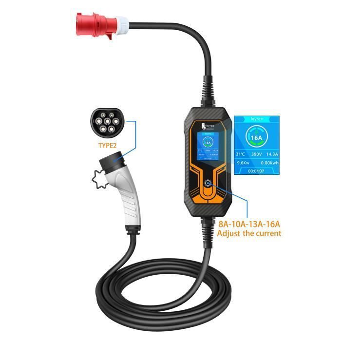 Zyncove Wallbox Station de charge mobile 11 kW [3 phases, IP67, 6-16 A, 6 m] : câble de charge CEE 16A vers type 2, chargeur EV avec puissance de charge réglable et