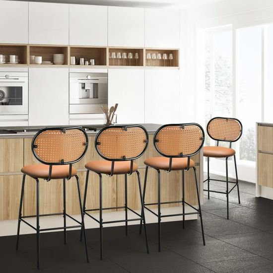 2 Tabourets De Bar En Rotin PE - Hauteur Assise 69 Cm - Avec Dossier Et Repose-pieds - Cadre Métal - Jaune Et Noir - Pour Comptoir 89-99 Cm - 9