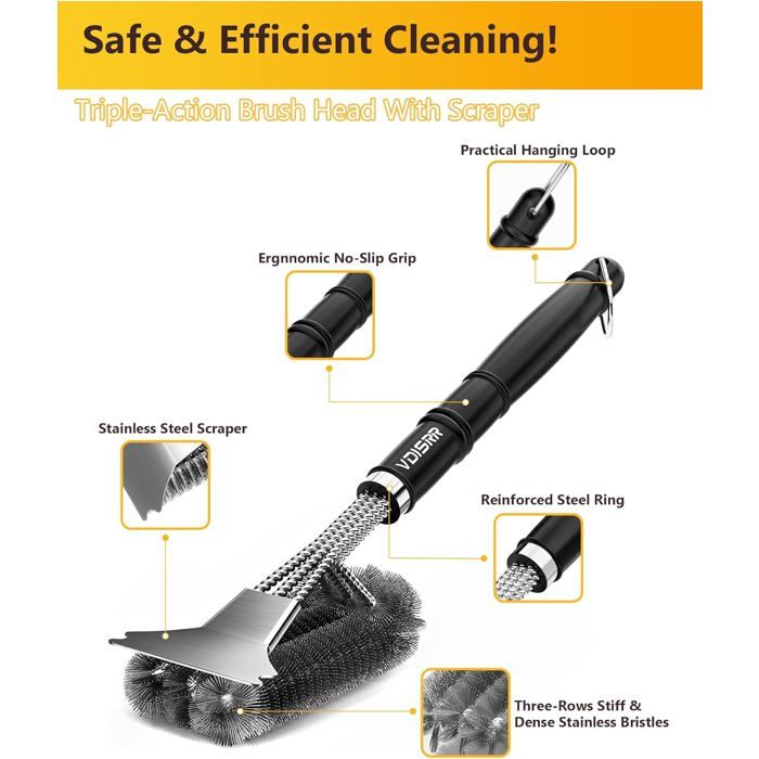 Brosse Barbecue, 3 En 1 Brosse De Nettoyage Pour Barbecue Avec Racloir, Long Manche Poils Acier Inoxydable 43cm Sécurité