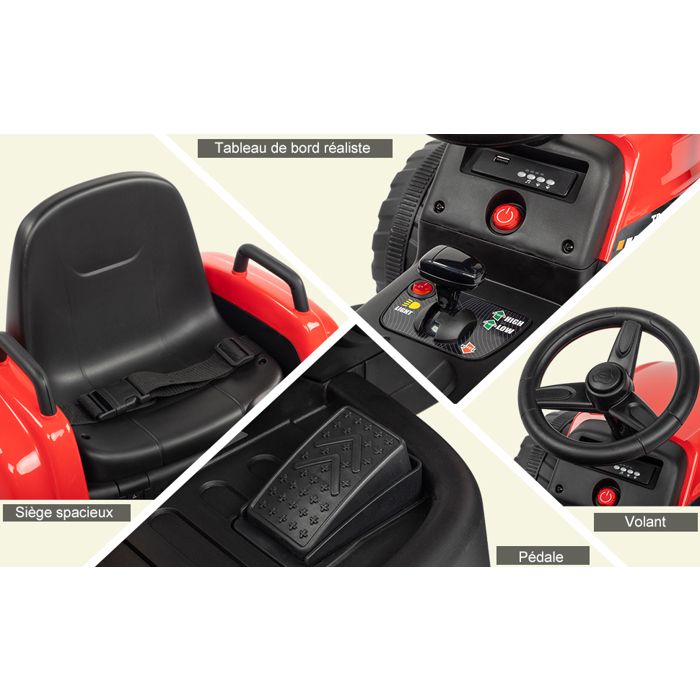 HAUSPROFI Tracteur Électrique Enfant 12V – Avec Remorque, 6 Pneus, LED, Musique, Télécommande 2,4G, 3-8 Km/h