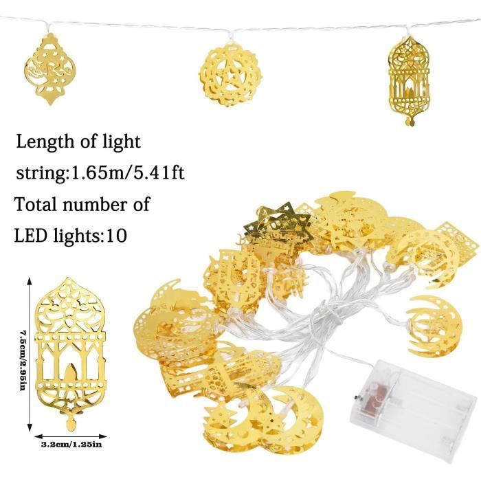 1,65 m 10 LED Eid Al-Fitr LED Étoile et Lune Guirlande Lumineuse Ramadan  Festival Décoration Lampes (Lumière Blanche)