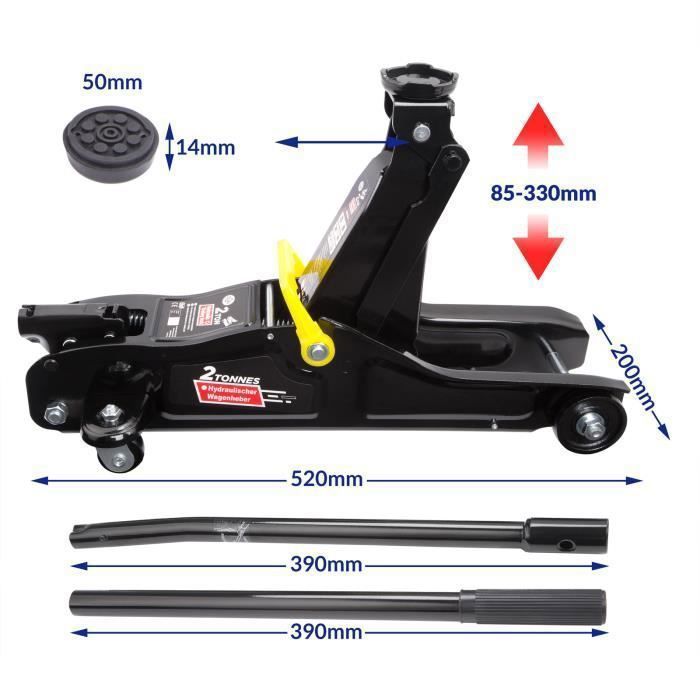 Cric Roulant Hydraulique 2 Tonnes – Hauteur Mini 135 Mm, Maxi 320 Mm | Poignée Intégrée, Roulettes, Sécurité Surcharge | Idéal Voiture, Utilitaire, Atelier - 9
