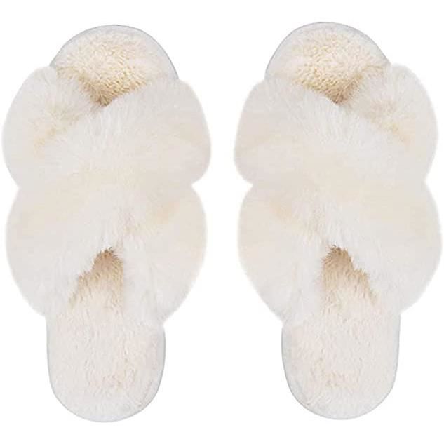 Pantoufles Femme Hiver En Peluche Douce - Bout Ouvert, Antidérapantes, Confort Chaud Intérieur/extérieur - Blanc/Rose - 6
