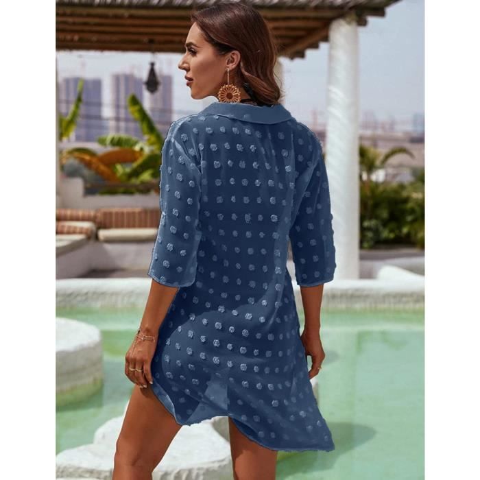 Robe de Plage Femme D ete Sexy Pareo de Plage pour Maillot de Bain Jacquard Tunique Plage Cache Maillots et Col V ROBE DE PLAGE Bleu fonce Cdiscount Pret a Porter