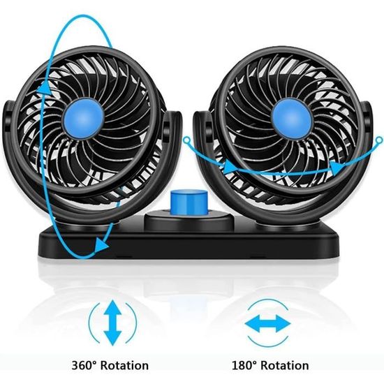 Ventilateur De Voiture USB Double Tête Coikes - Rotation 360°, 5V, 5 Pales, Compact 10x10x6 Cm
