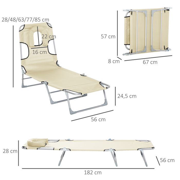 Chaise Longue Jardin Outsunny - Pliable - Coussin - 5 Positions - 120kg