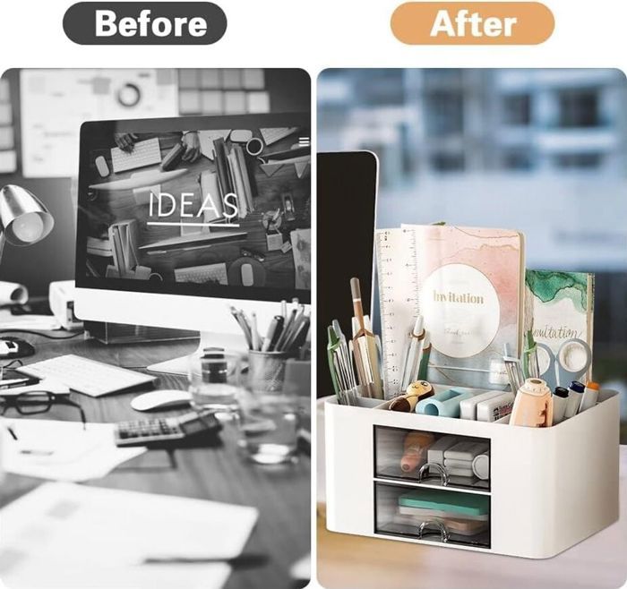 Organisateur De Bureau Multifonction 5 Compartiments + 2 Tiroirs – Rangement Pratique Et Esthétique