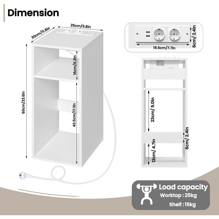 WOLTU Table de Chevet avec Station de Charge, Chevet Connectée, LED, 2 Prises, 2 Ports USB, 2 Tiroirs, 1 Casier, Blanc, NTS23ws