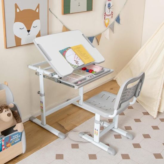 DREAMADE Bureau Enfant En Bois Avec Chaise Ergonomique,Table D'Etude Et Chaise Enfants Avec Tiroir,Bac Amovible,Étagère Ouverte,Table D'Activités