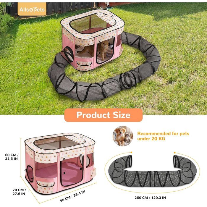 Parc Pour Chat Pliable Avec Tunnel - Enceinte D'extérieur/intérieur - Maille Respirante - Transportable Pour Voyages - 2