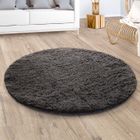 Paco Home Tapis De Salon Poil Long Shaggy Fausse Fourrure Pelucheux Uni Gris Anthracite 120 cm rond