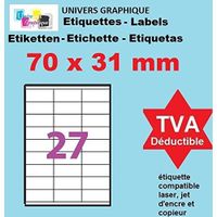 50 Planches de 27 étiquettes 70 x 31 mm = 1350 etiquettes autocollante papier Blanc Mat- Feuilles A4 adhésives étiquette